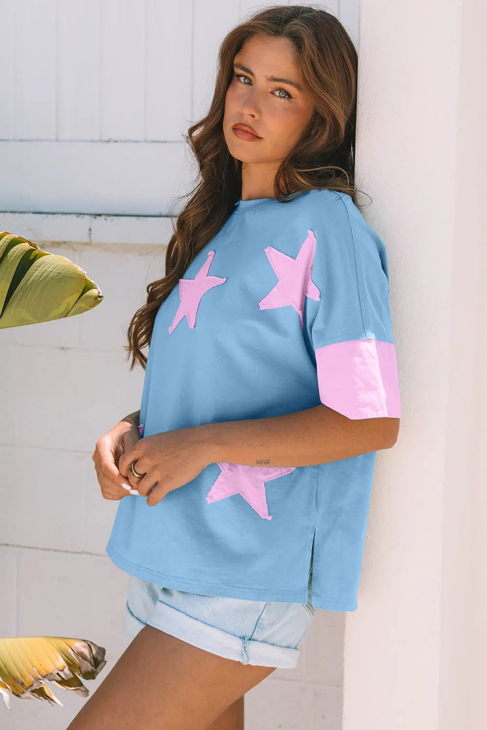 Myosotis Frayed Denim Star Patched Oversize T Shirt - Love Salve